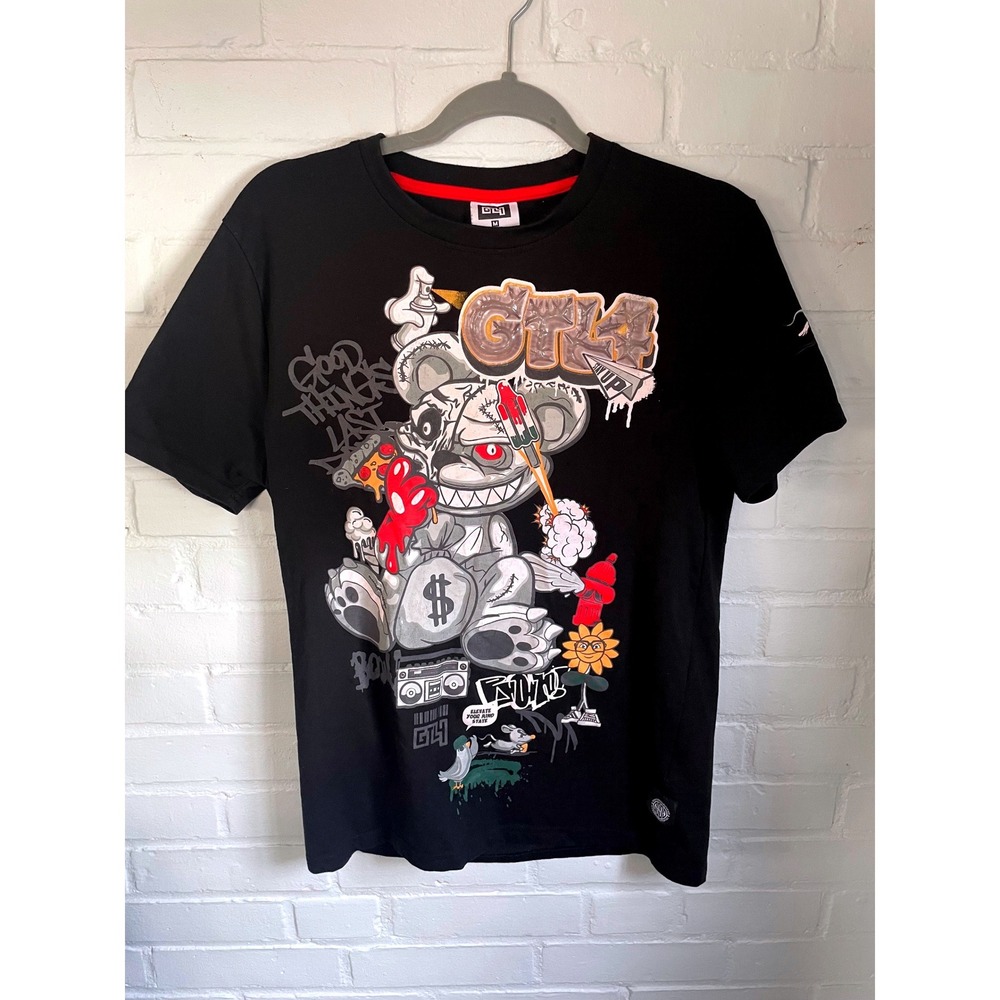 GT4 Mens Black Graphic T Shirt Graffiti Bear Dollar Bag Print Size Medium - Picture 1 of 5